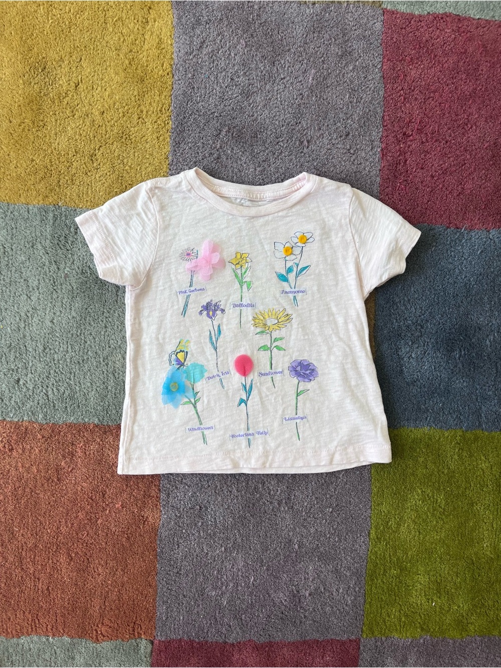 Peek White Floral Tee with Multicolor Pom-Poms